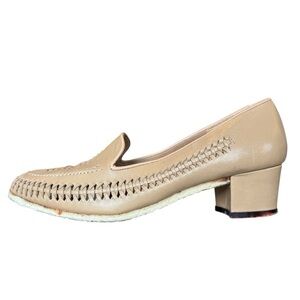 Martinelli Tan Nude Woven Italian Leather Slip On Loafer Short Heel Shoe SIZE 7C